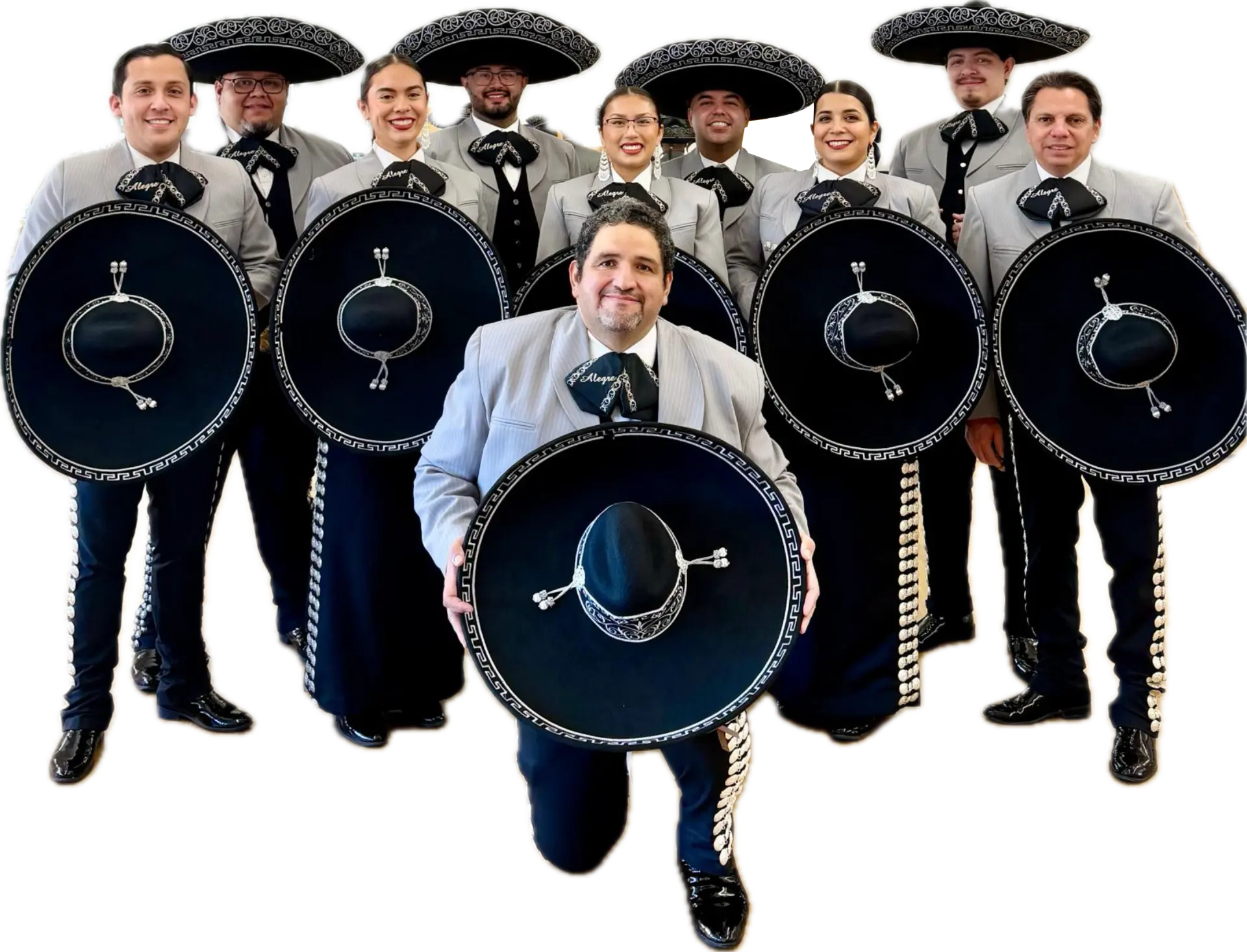 Mariachi Alegre ensemble in silver charro suits holding black sombreros