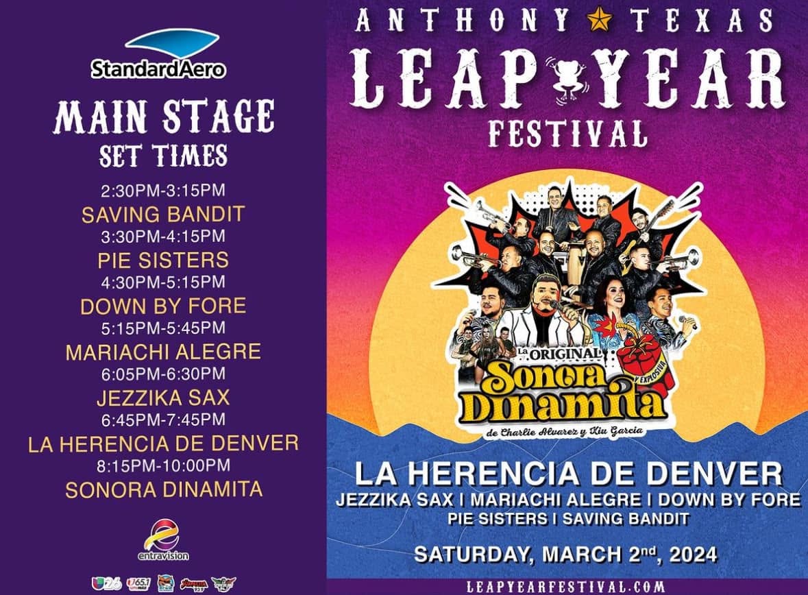 Anthony Texas Leap Year Festival poster listing Mariachi Alegre on the main stage