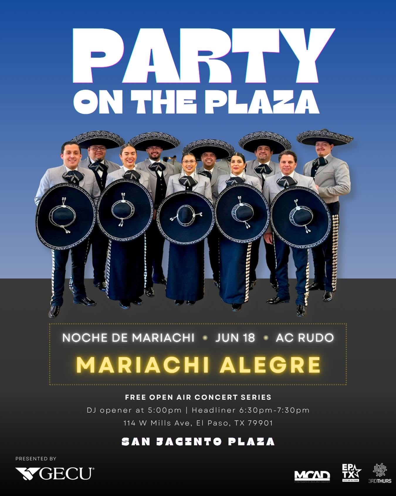 Party on the Plaza Noche de Mariachi concert poster featuring Mariachi Alegre